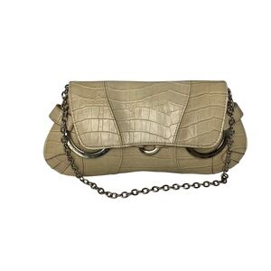 New York & Company Cream Croc Embossed Baguette Shoulder Bag Silver Ring Detail